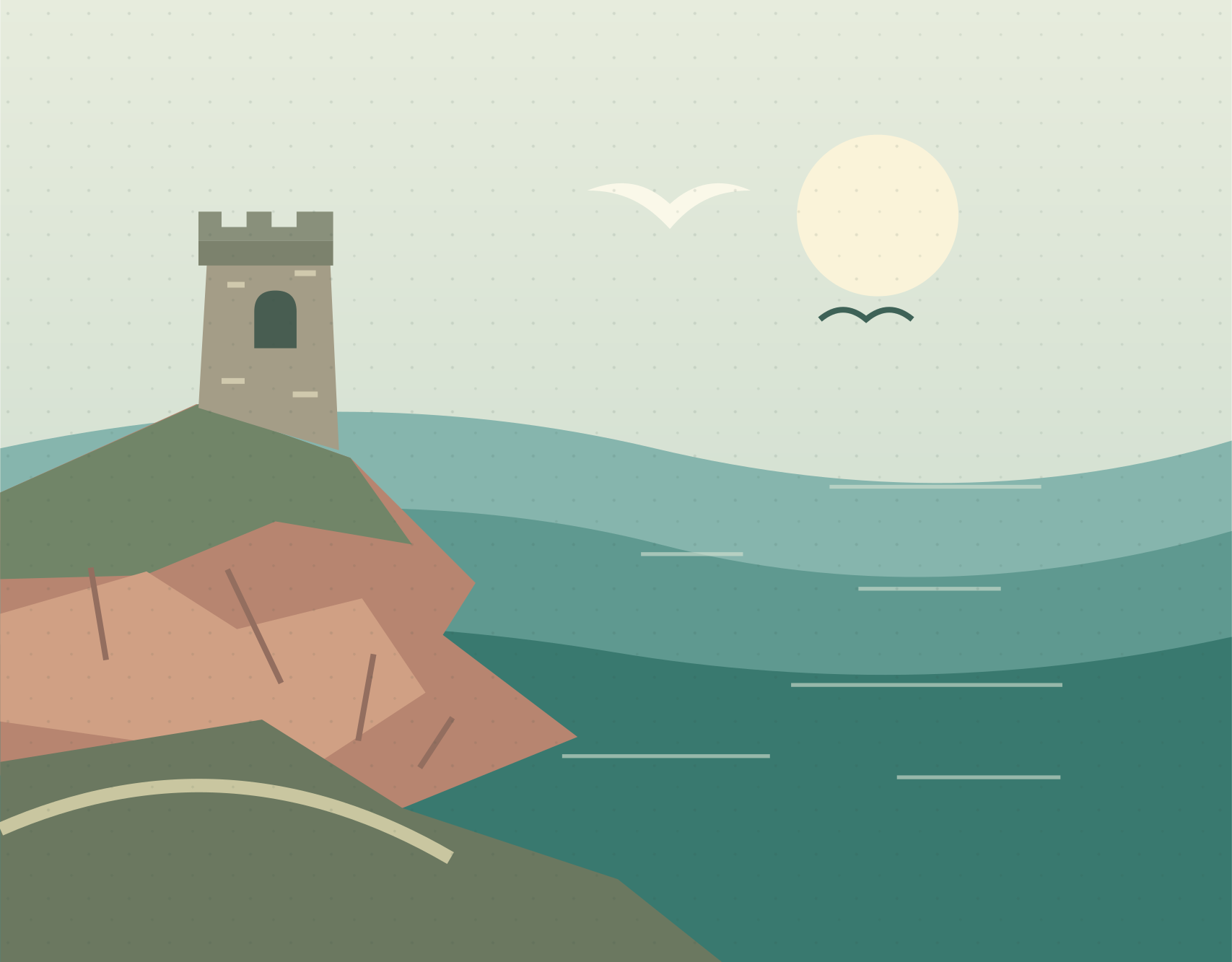 Stylised Jersey coastline with pink granite cliffs, a coastal tower and a gull above the sea