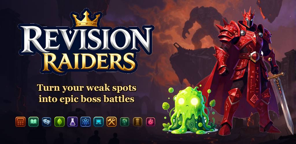 Revision Raiders: a red-armoured knight and a green slime monster. Turn your weak spots into epic boss battles.