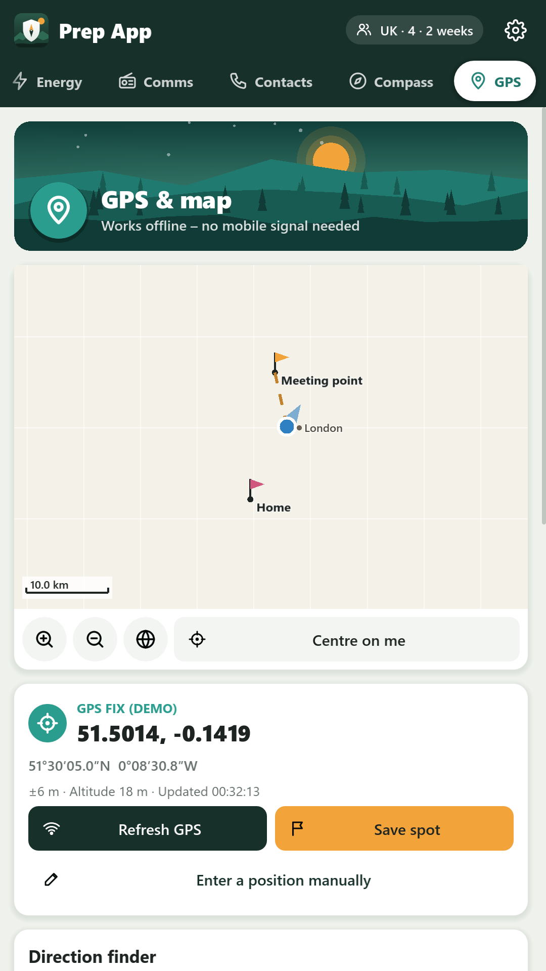 Offline GPS map with saved home and meeting point waypoints and a demonstration position