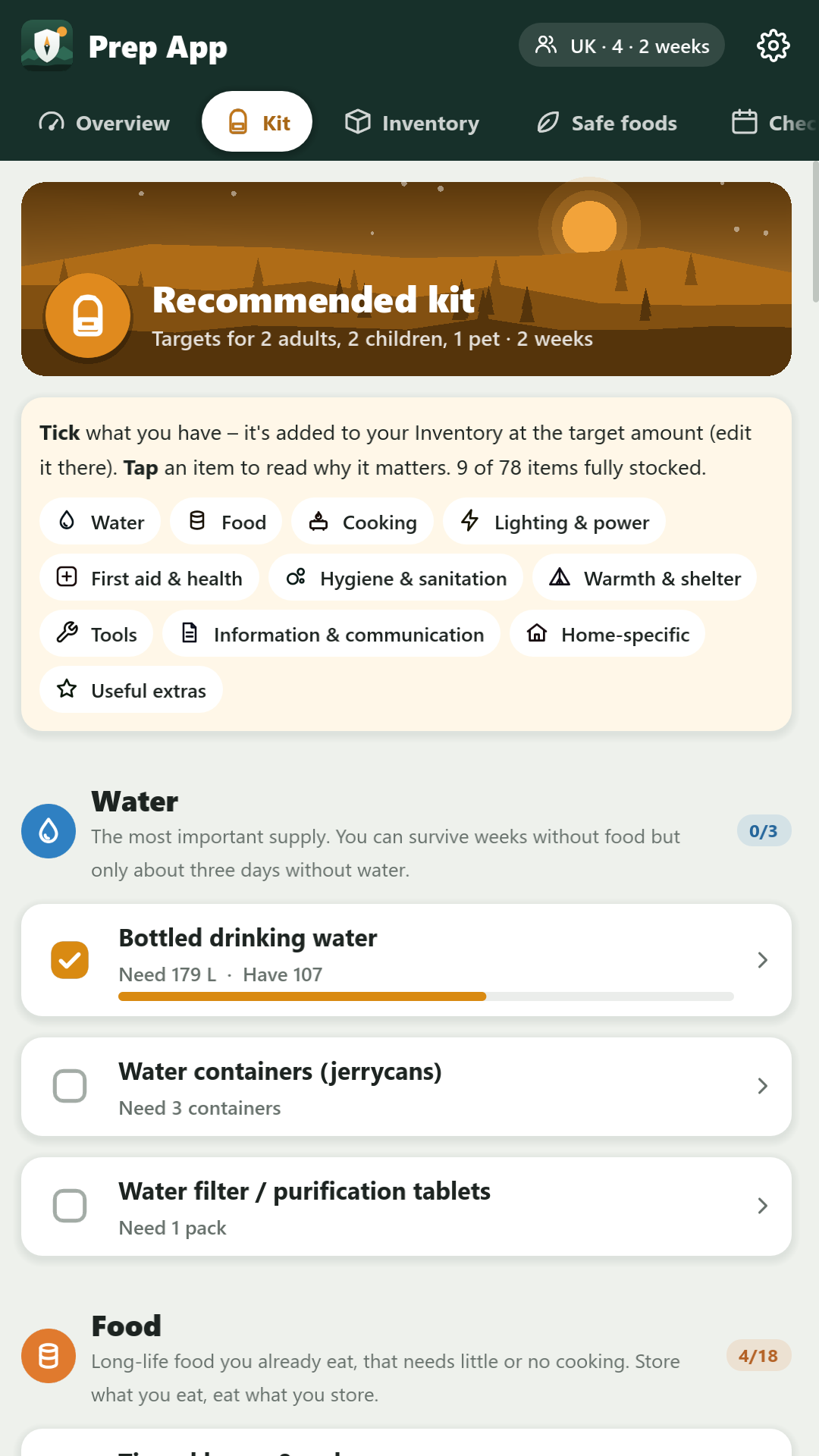 Prep App's recommended kit checklist with supplies grouped by category
