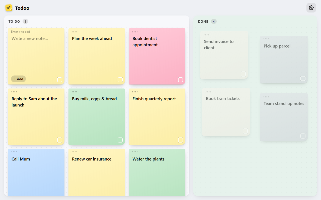 Todoo's light board with colourful task notes on the left and completed notes on the right