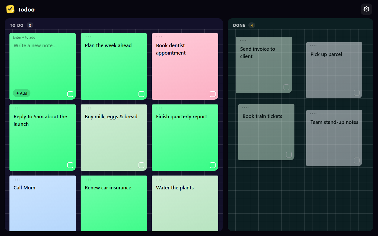 Todoo's neon theme with colourful notes against a dark board