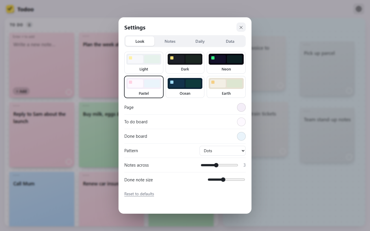 Todoo settings with theme previews and options to customise the board
