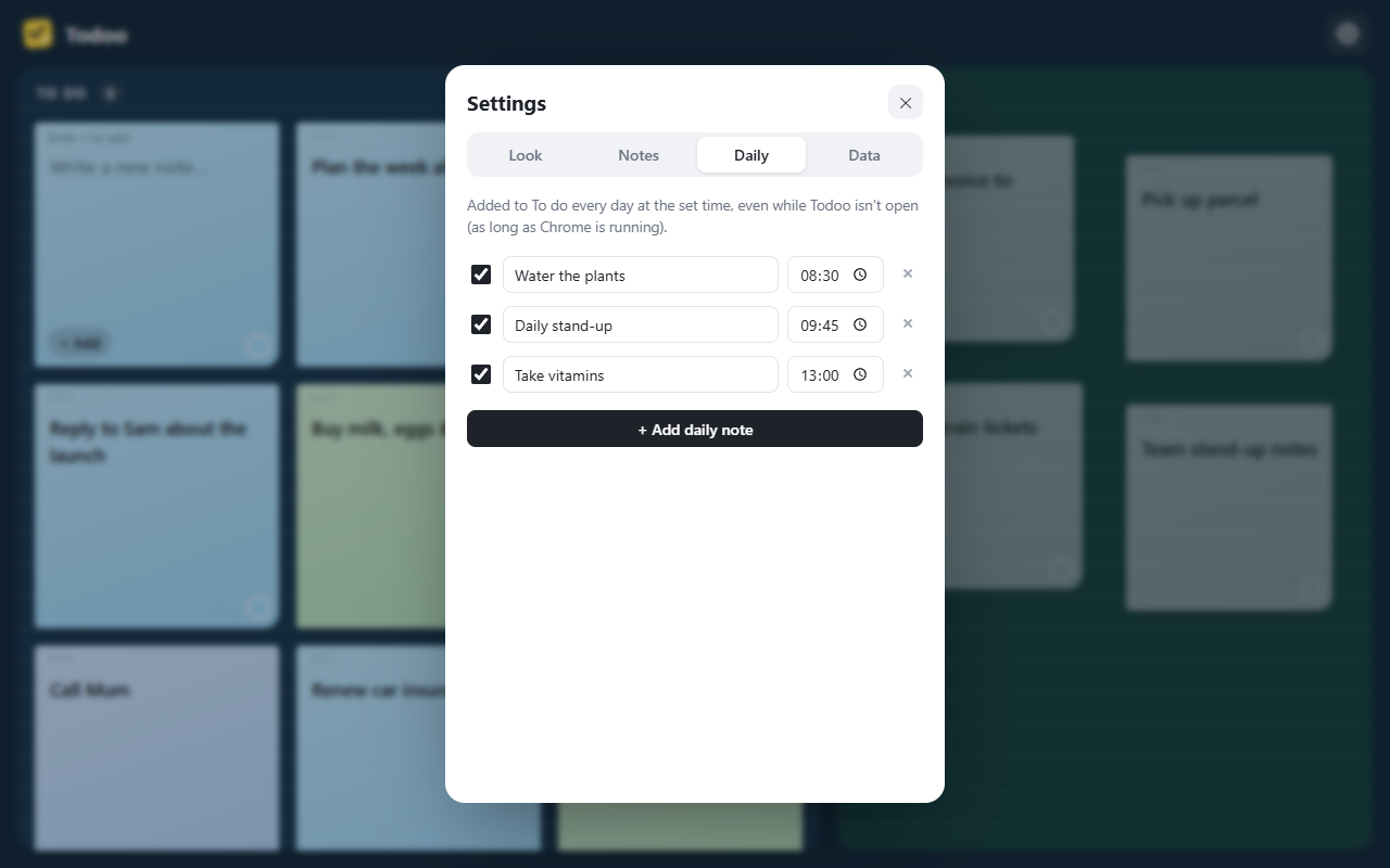 Todoo settings showing daily notes and their scheduled times
